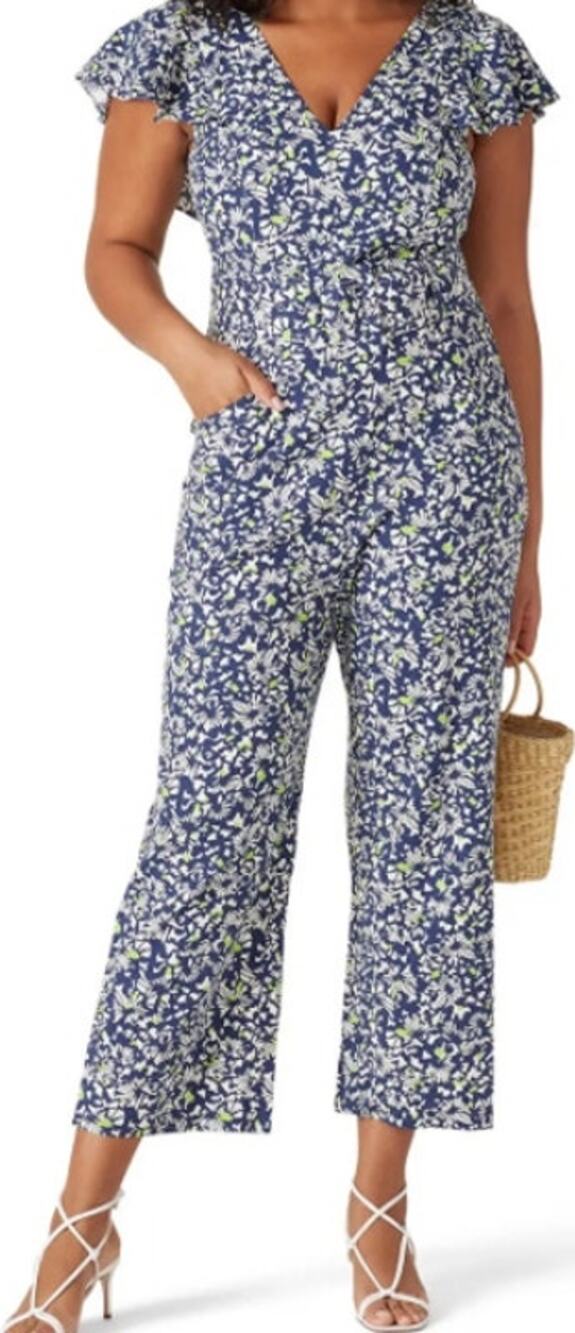 Tanya Taylor Avalon Jumpsuit Linen Blend Short Sleeve V-Neck Floral Navy 8